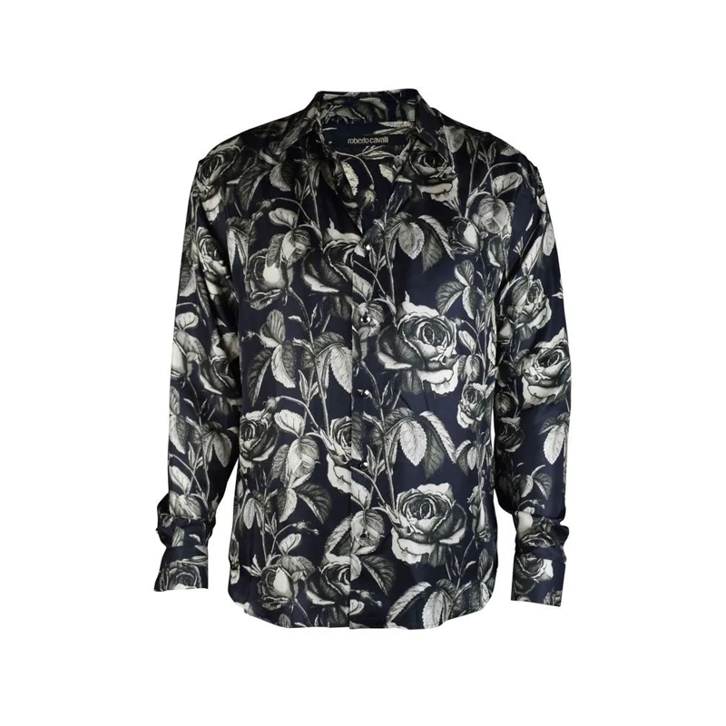 Roberto Cavalli Overhemd Floral Print Silk Shirt With Button Front Black