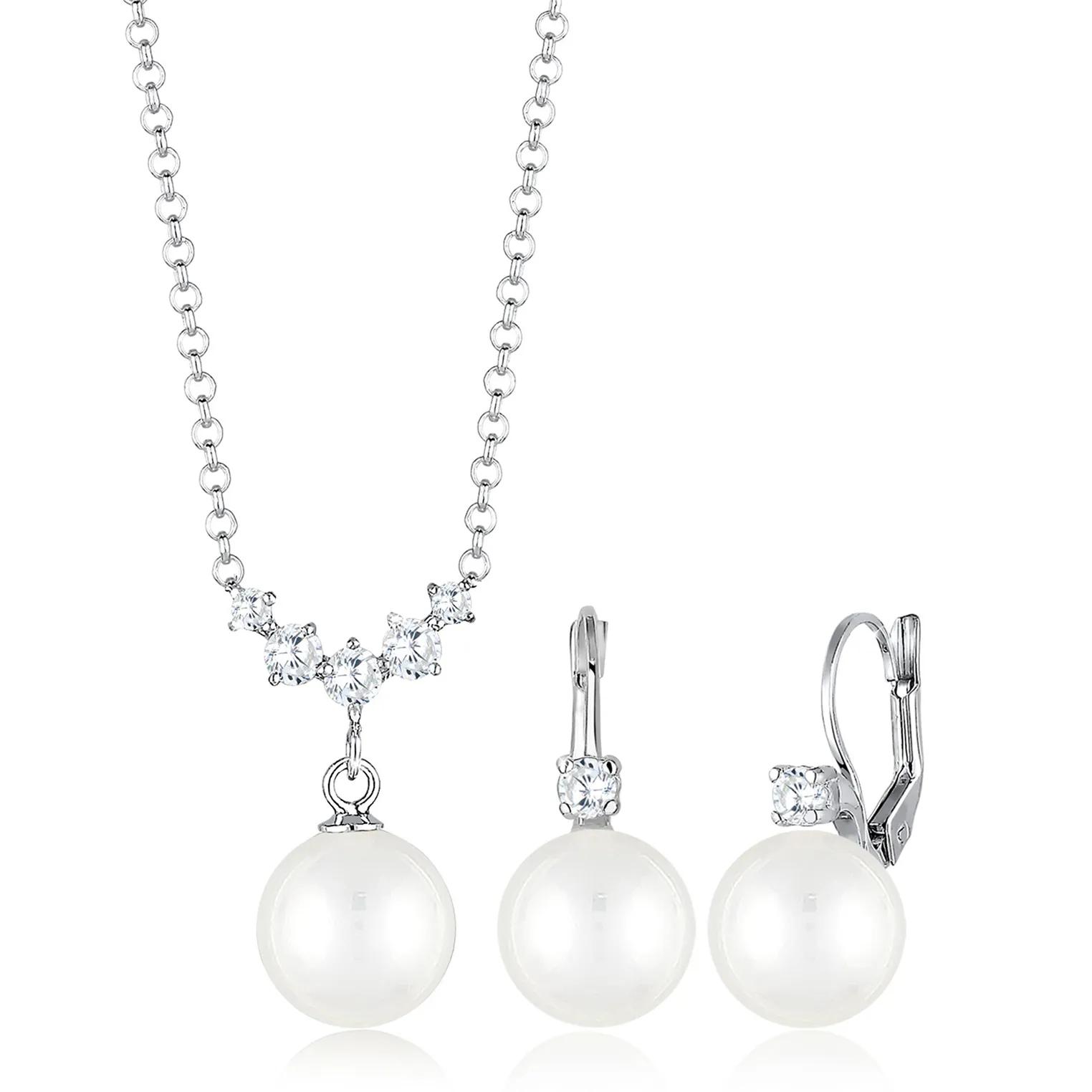 Elli Halsketten - Schmuckset Klassisch Zirkonia Muschelkernperle 925 - Gr. unisize - in Silber - für Damen