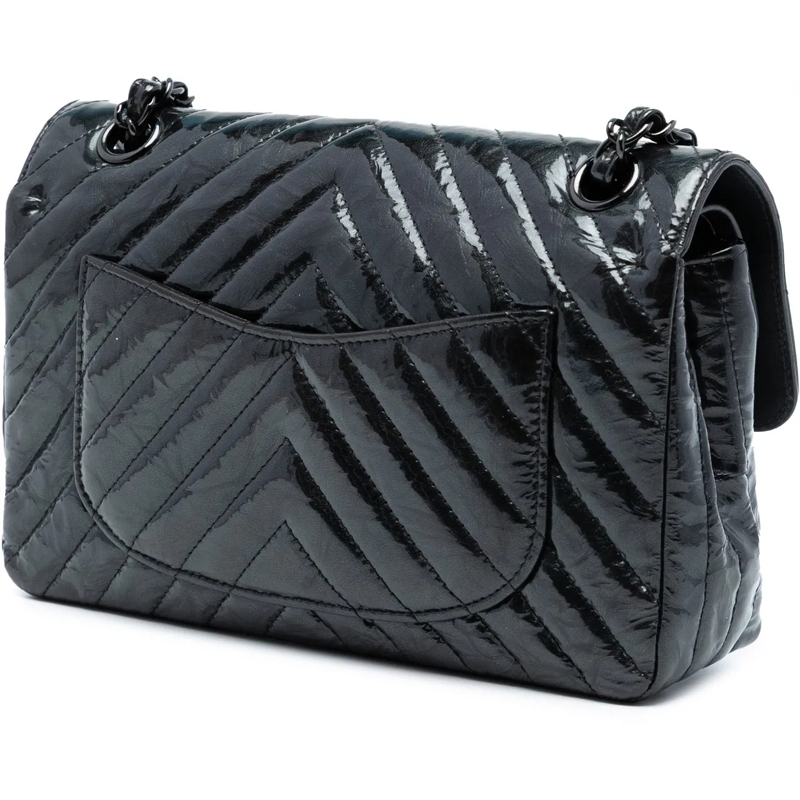 Chanel Schultertasche Small Classic Chevron Patent So Black Double Flap schwarz