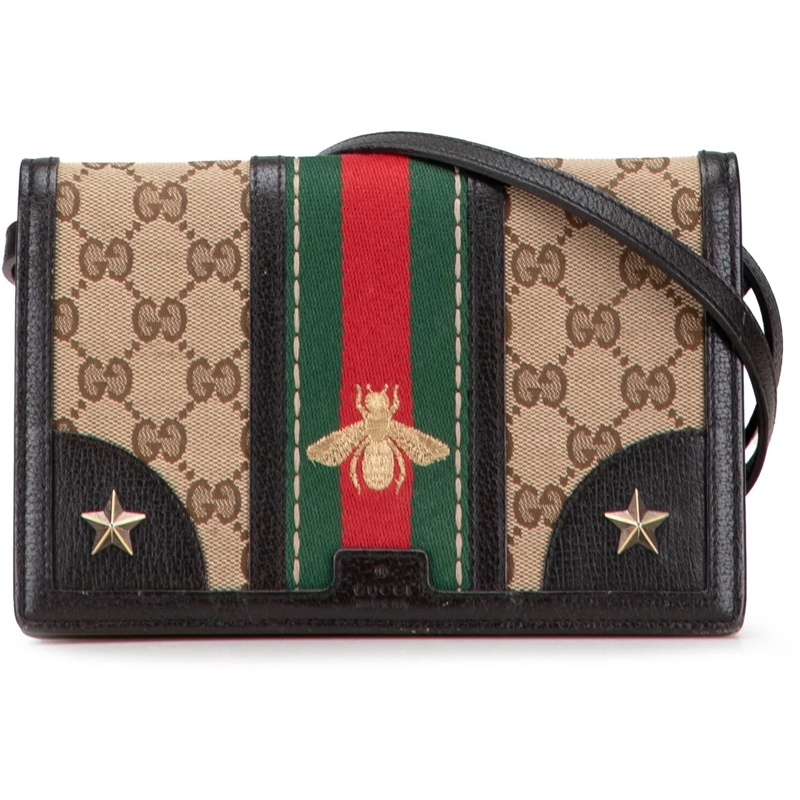 Gucci Schultertasche GG Canvas Webby Bee Wallet on Strap braun