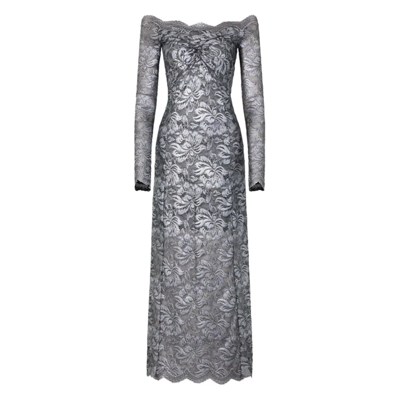 Paco Rabanne Midi-jurk Nero E Argento Off-The-Shoulder Midi Dress Grey