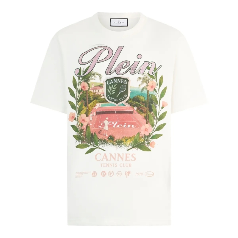 Philipp Plein T-Shirt Round Neck T-Shirt Cannes Tennis Club weiss