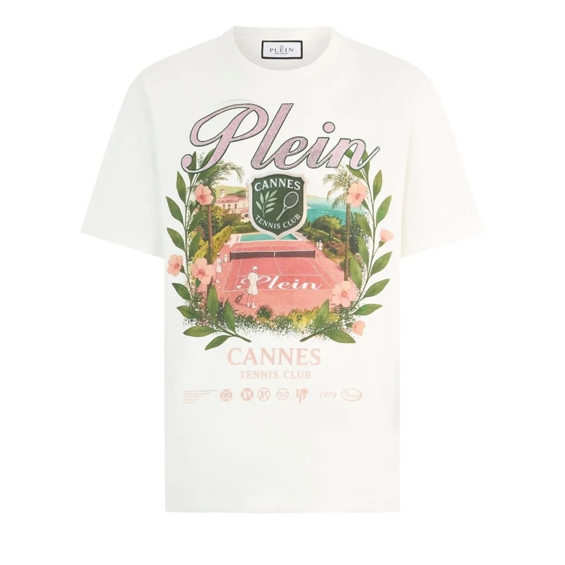 Philipp Plein T-Shirt Round Neck T-Shirt Cannes Tennis Club weiss