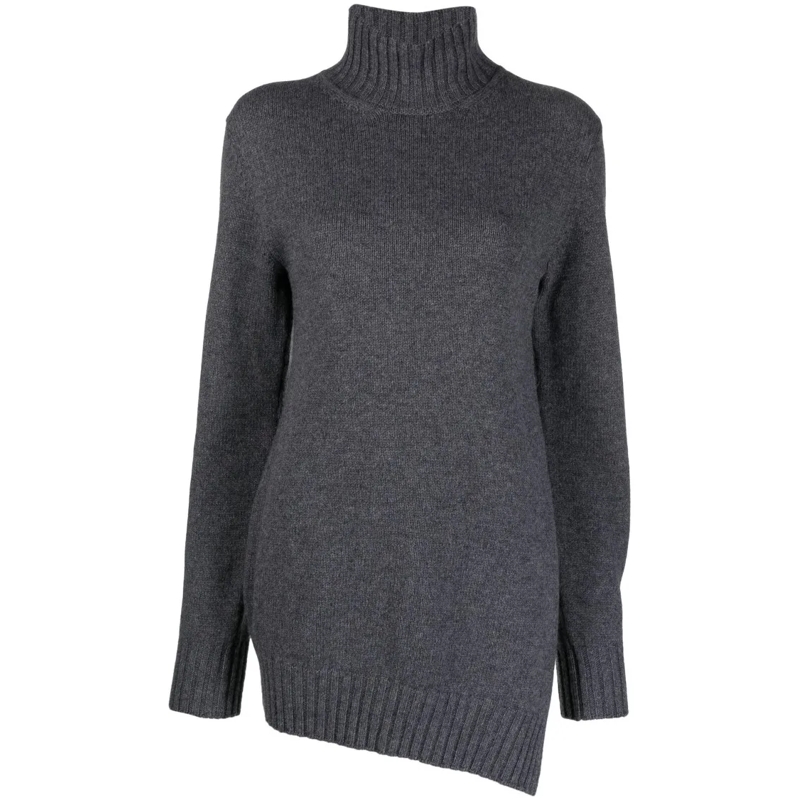 Jil Sander Rollkragenpullover High-Neck Asymmetrical Hem Sweater In Soft Wool Grey