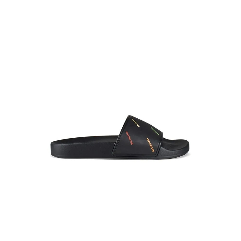 Balenciaga Balletschoenen Open-Toe Black Rubber Slides With Multicolored Log Black