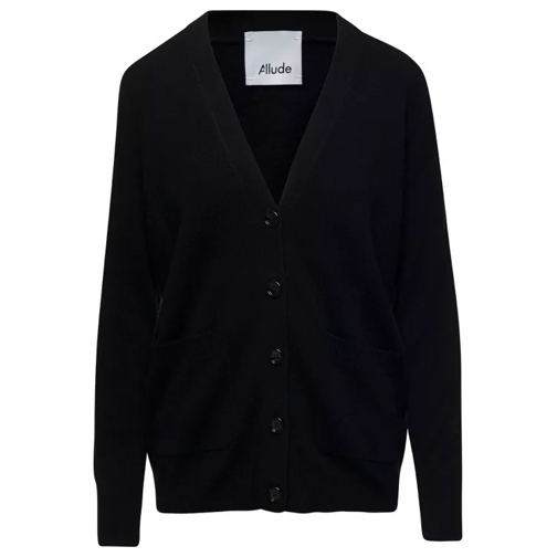 Allude Black V Neck Cardigan With Patch Pockets In Wool A Black 