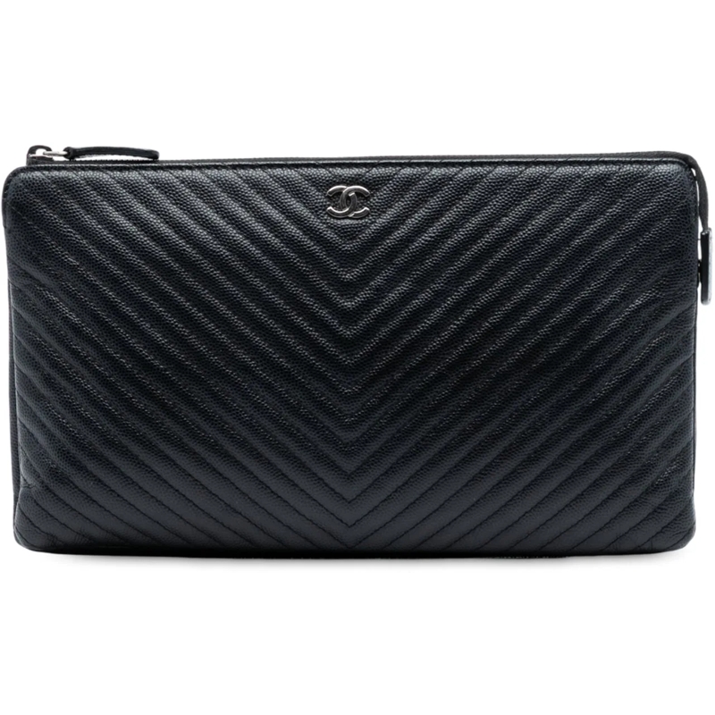 Chanel Pochette CC Chevron Caviar Zip Clutch schwarz