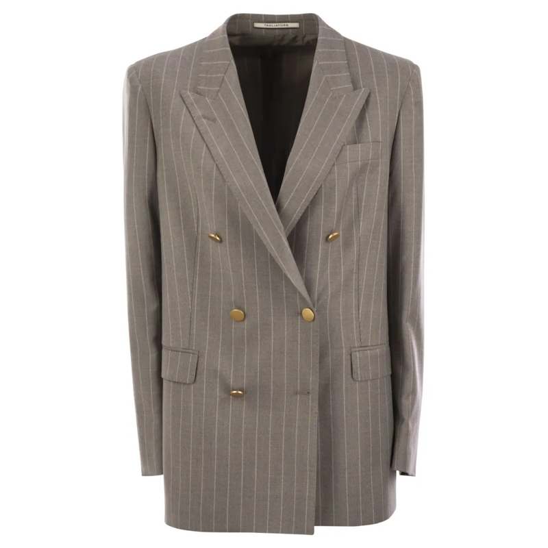 Tagliatore Blazer Stretch Wool Double-Breasted Pinstripe Blazer Grey