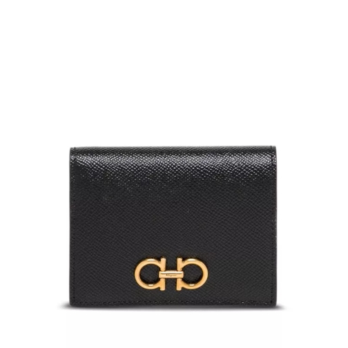 Salvatore Ferragamo Gancini' Black Bifold Wallet In Grained Leather Black Bi-Fold Portemonnee