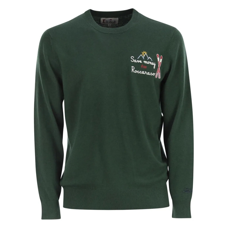 Mc2 Saint Barth Trui Embroidered Crew Neck Jumper With Ribbed Finishes Green