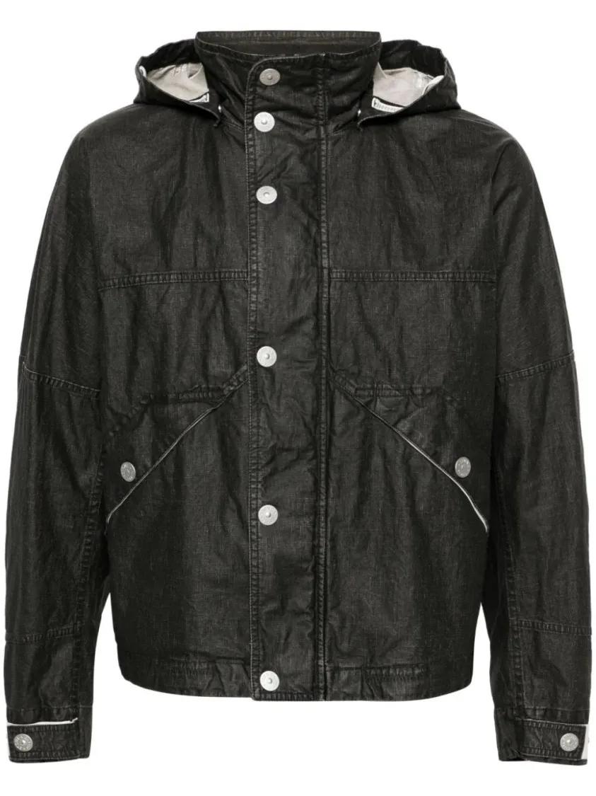 Thumbnail - Stone Island - Logo-Print Hooded Linen Jacket - Größe XL - schwarz