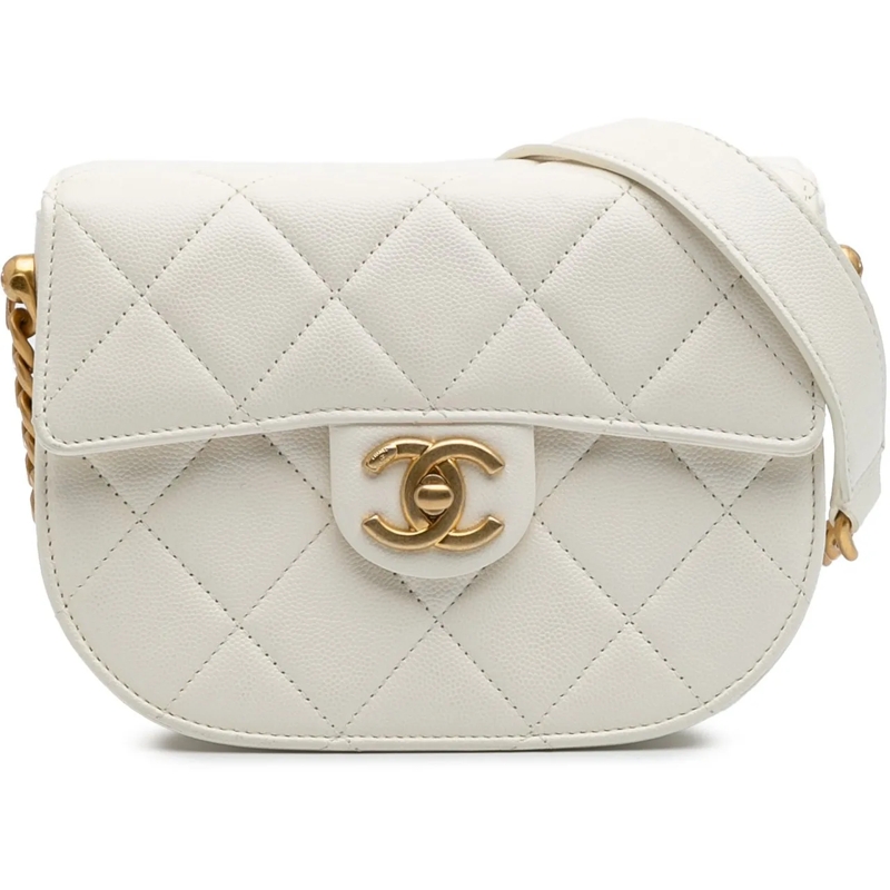 Chanel Sac à bandoulière CC Quilted Lambskin Round Moon Messenger Flap weiß