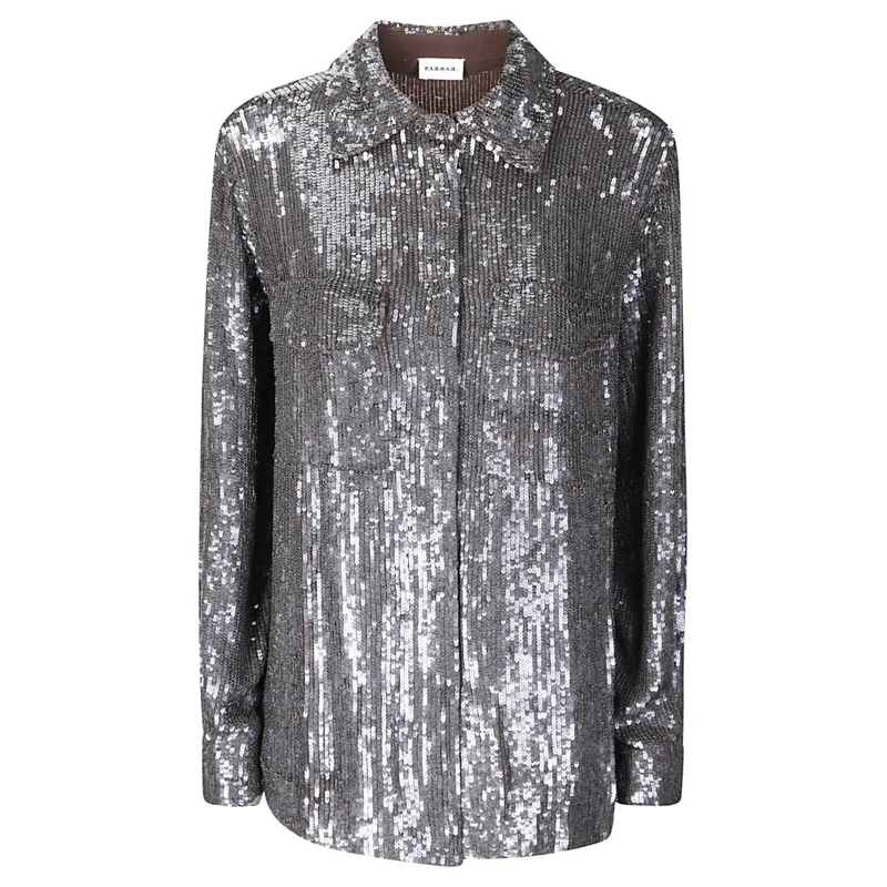P.A.R.O.S.H. Chemise Oversized Sequin Shirt With Classic Collar Grey