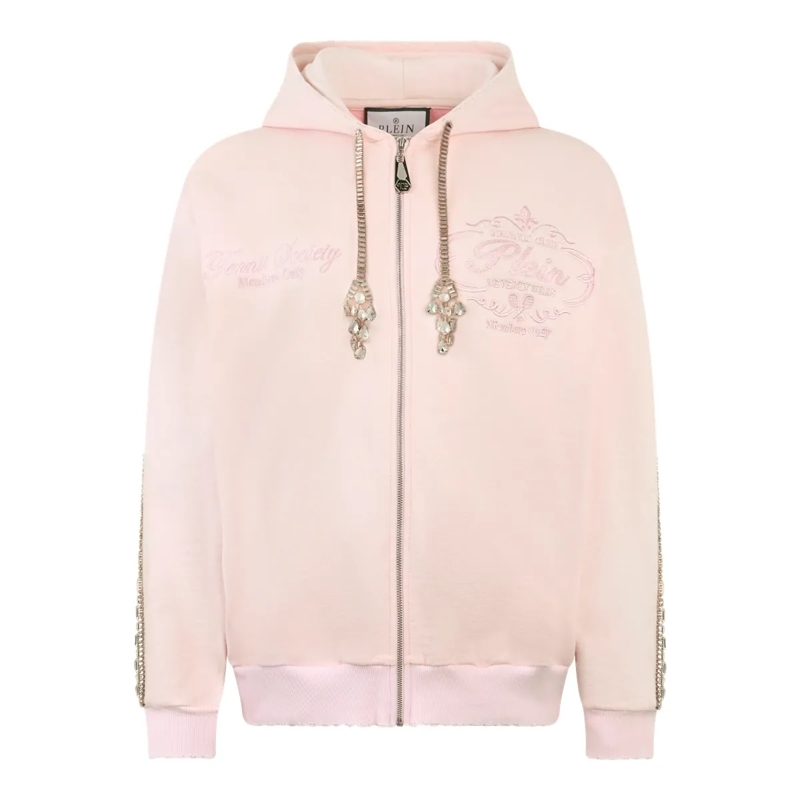 Philipp Plein Daunenjacke Washed Zip Hoodie Tennis Club Crystals rose