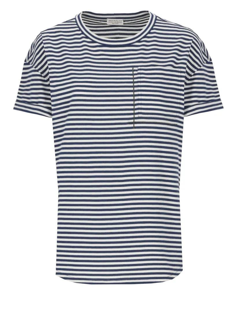Thumbnail - Brunello Cucinelli - Blue Contrasting Striped Cotton T-Shir - Größe L - blau