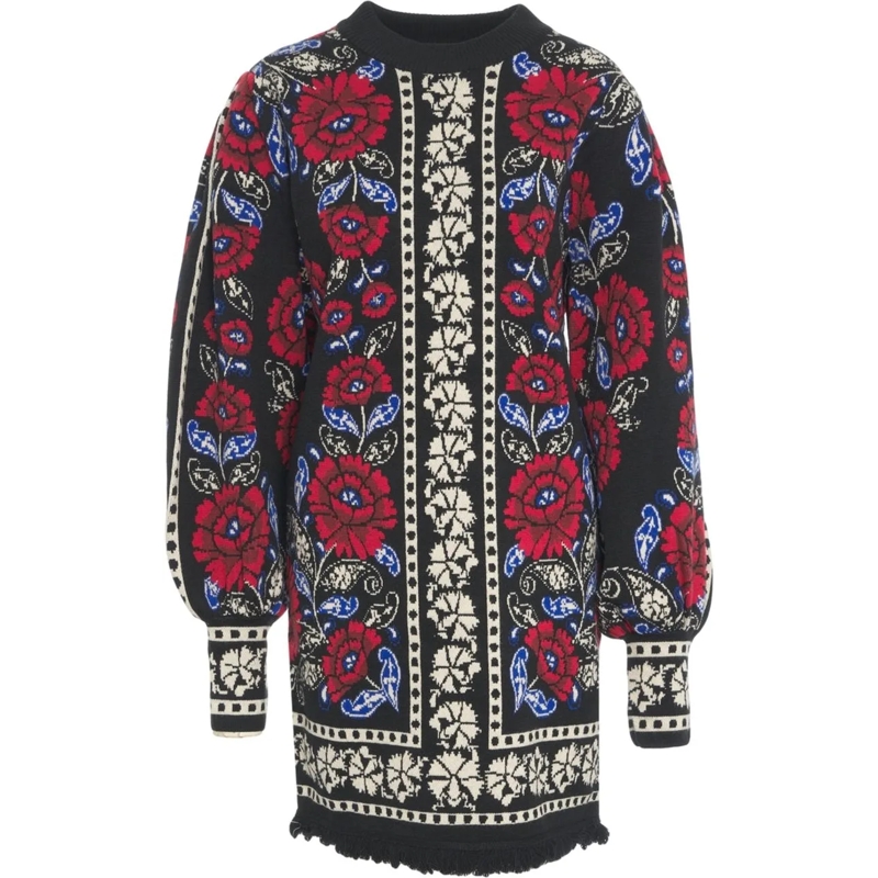 Farm Rio Midikleid Knit dress with floral pattern schwarz