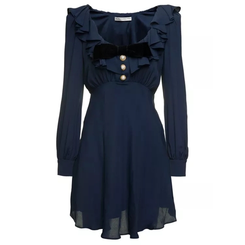 Alessandra Rich Blue Mini Dress With Volant Collar And Velvet Bow  Blue 