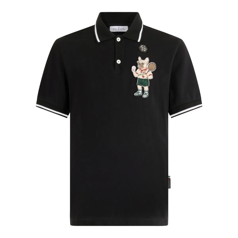 Philipp Plein Top Polo T-Shirt New York Tennis Patch schwarz