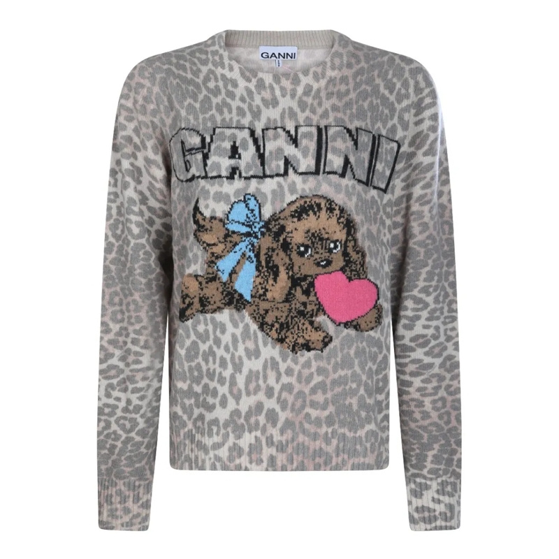 GANNI Pullover Leopard Wool Knitwear Grey
