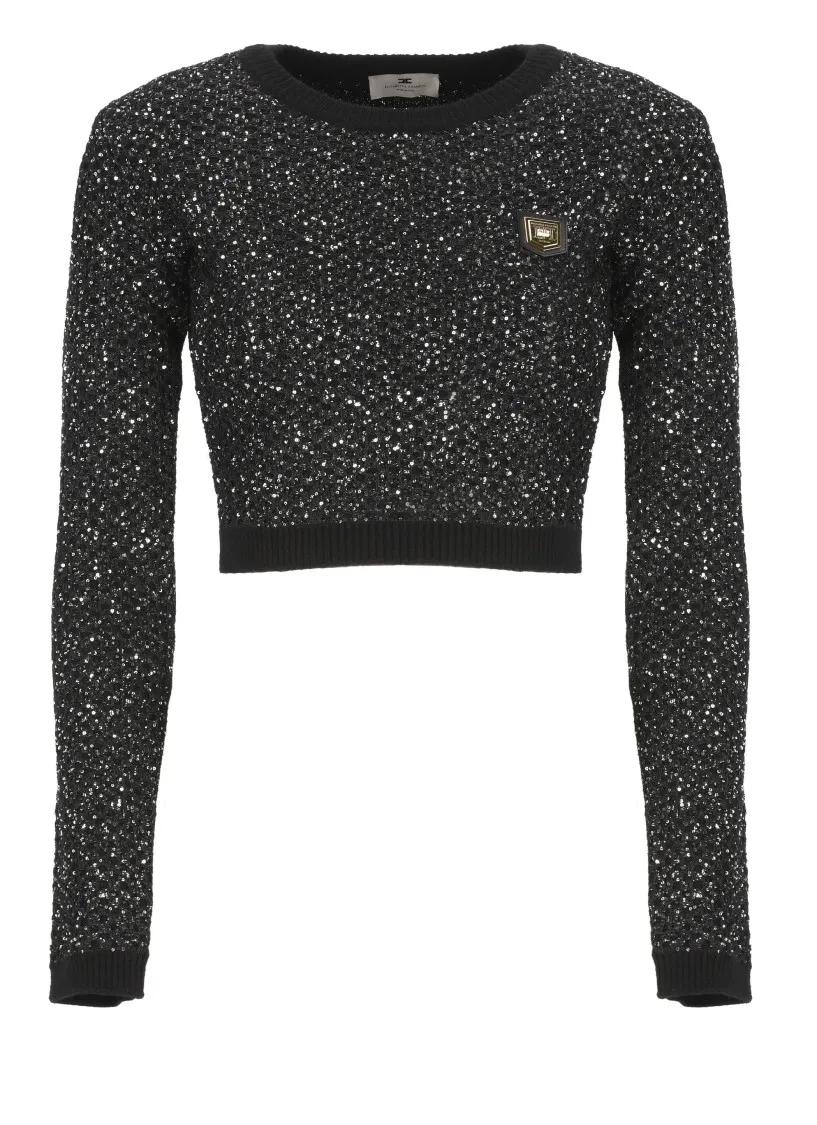 Elisabetta Franchi - Cropped Sweater With Paillettes - Größe 40 - schwarz