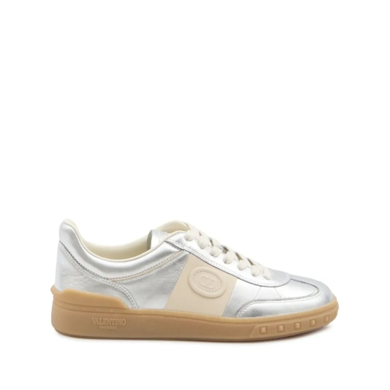 Valentino Garavani Low-Top-Sneaker Metallic Silver Flats With Beige Accents White