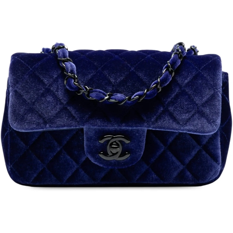 Chanel Schultertasche Mini Rectangular Classic Velvet Single Flap blau