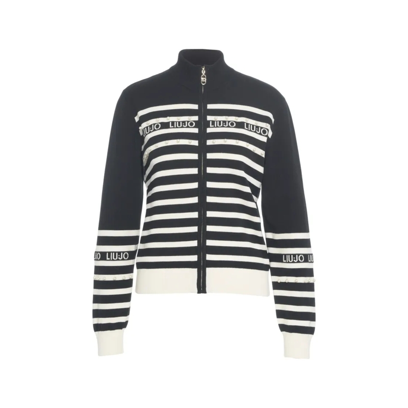 LIU JO Vest Striped Cardigan With Rhinestone Applique Black
