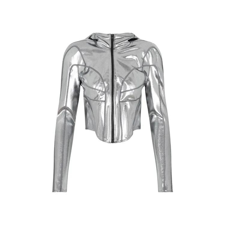 Mugler - Chrome Silver Hooded Jacket - Größe 34 - silberfarben