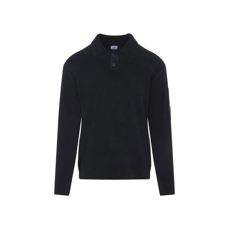 CP Company Pull Long Sleeve Cotton Knit Sweater With Polo Collar Black