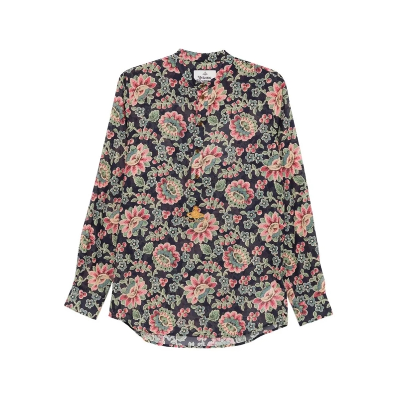 Vivienne Westwood Overhemd Dark Blue Floral Print Mock Neck Shirt Grey