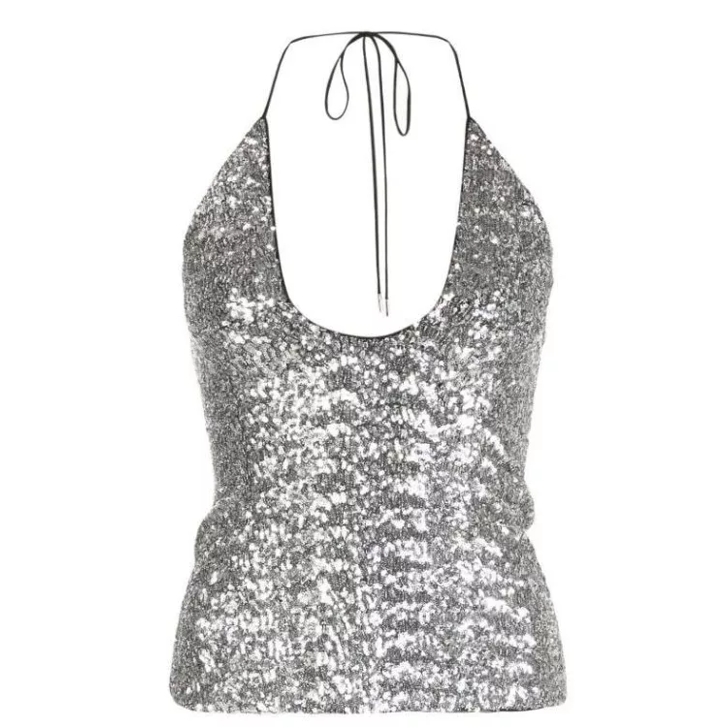 The Attico Sequin Embellishment Halterneck Top Grey