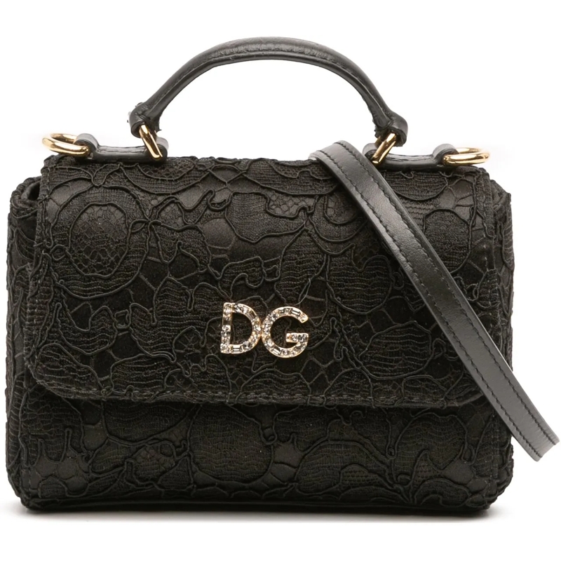 Dolce&Gabbana Sac à bandoulière Silk and Lace Crystal Embellished DG Flap Satchel schwarz