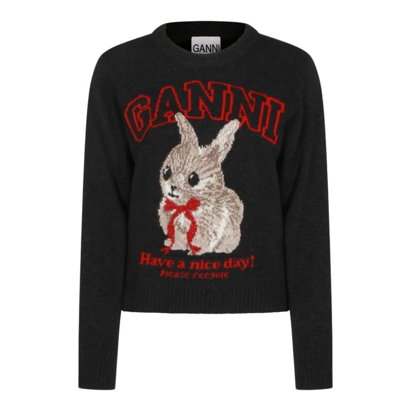 GANNI Pullover Detailed Knitted Bunny Sweater Black