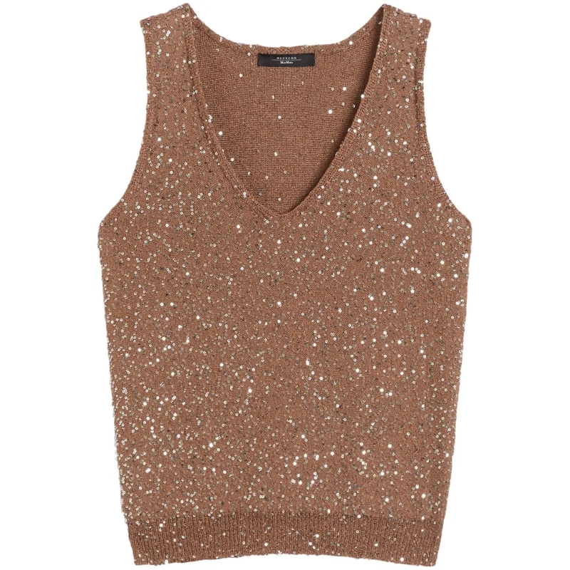 Max Mara Bluse Sleeveless Top With Deep V-Neckline And Sequined T Brown