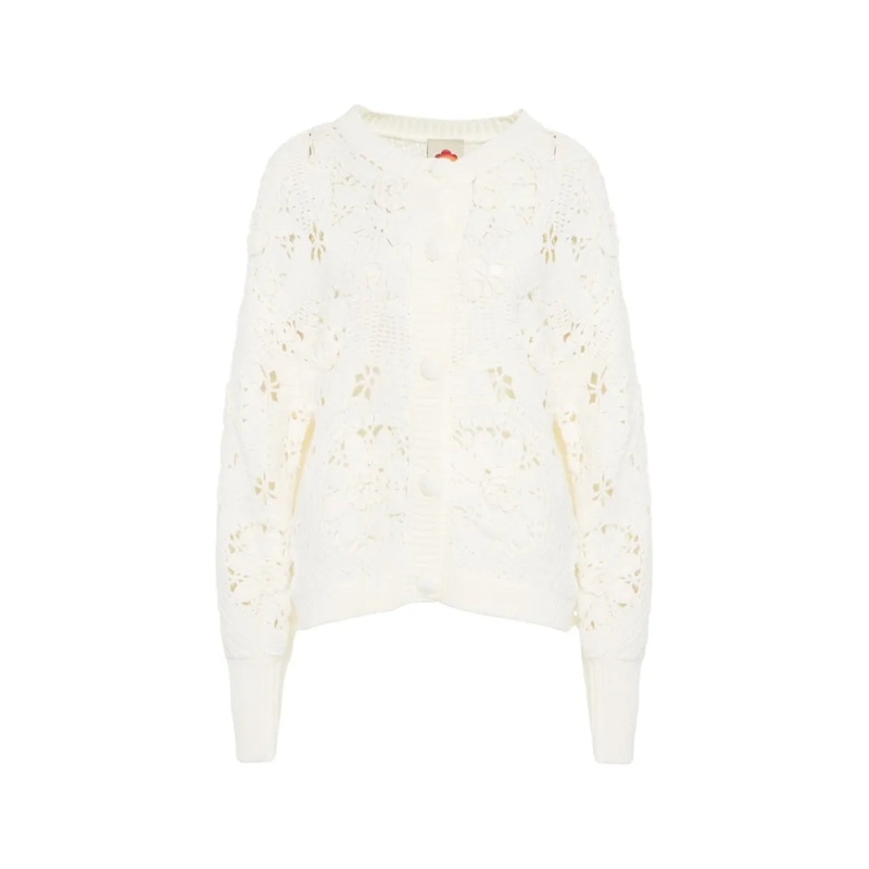 Farm Rio Cardigan Openwork Knit Cardigan With Flower Motif White