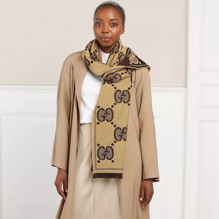 Gucci GG Scarf Wool Beige Dark Brown | Wollen Sjaal | fashionette