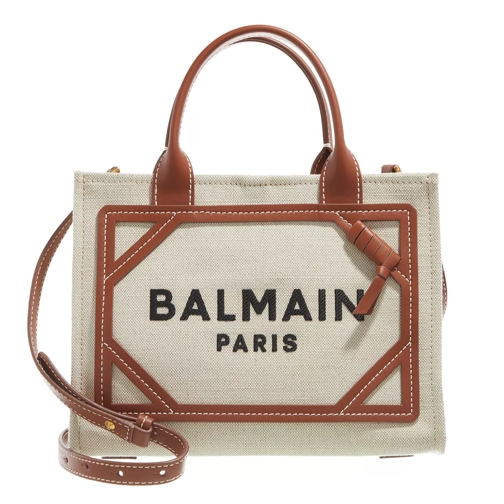 Balmain Small Shopper B-Army Canvas Leather Beige Brown Rymlig shoppingväska