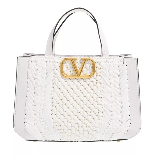 Valentino Garavani Small V Logo Signature Bag Raffia Nature Saddle Brown Rymlig shoppingväska