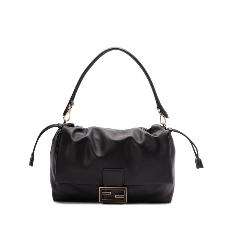 Fendi Schultertasche Gathered Leather Handbag With Gold-Tone Clasp Black