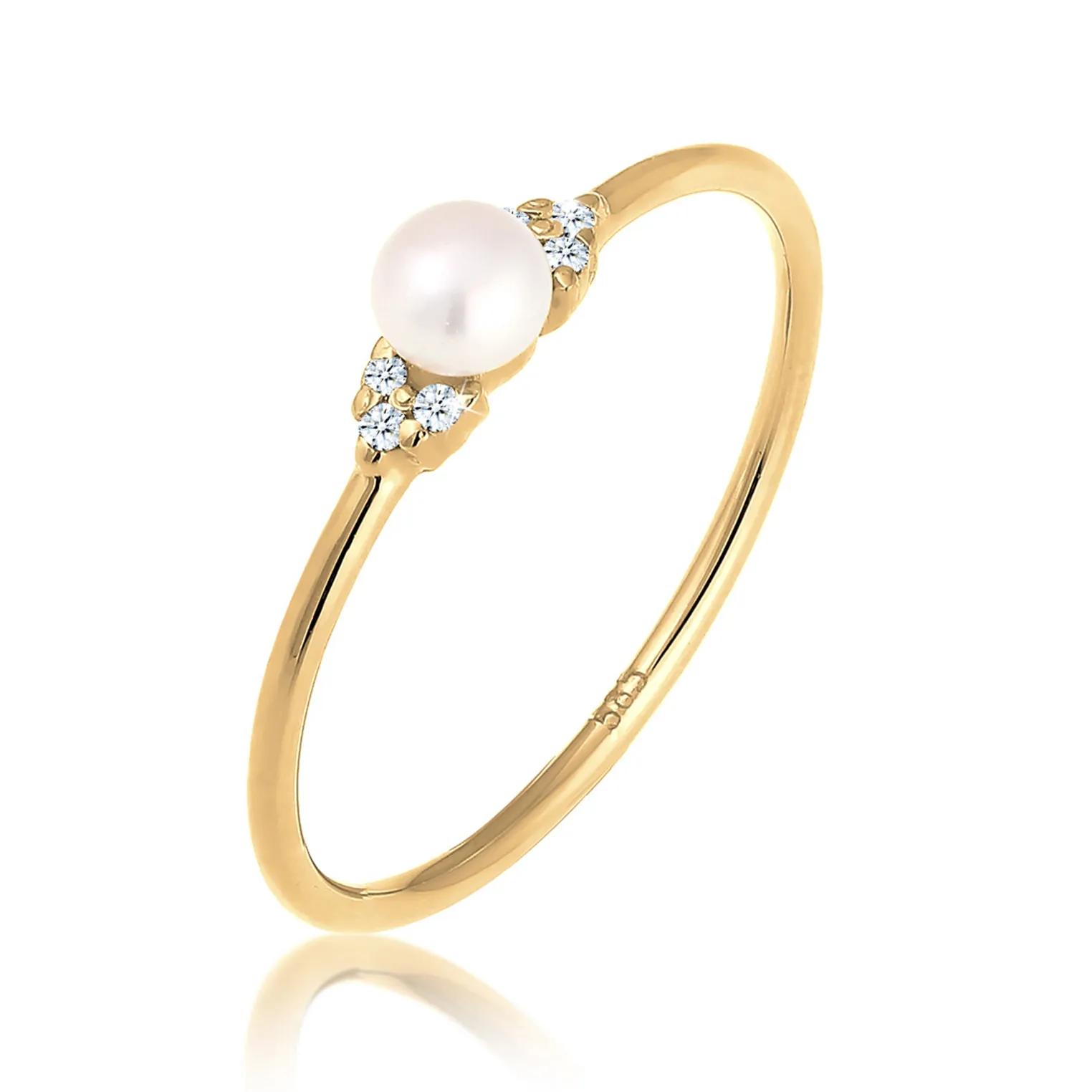 Elli Ringe - Ring Verlobung Perle Diamant (0.03 ct.) 585 Gelbgo - Gr. 52 MM - in Gold - für Damen