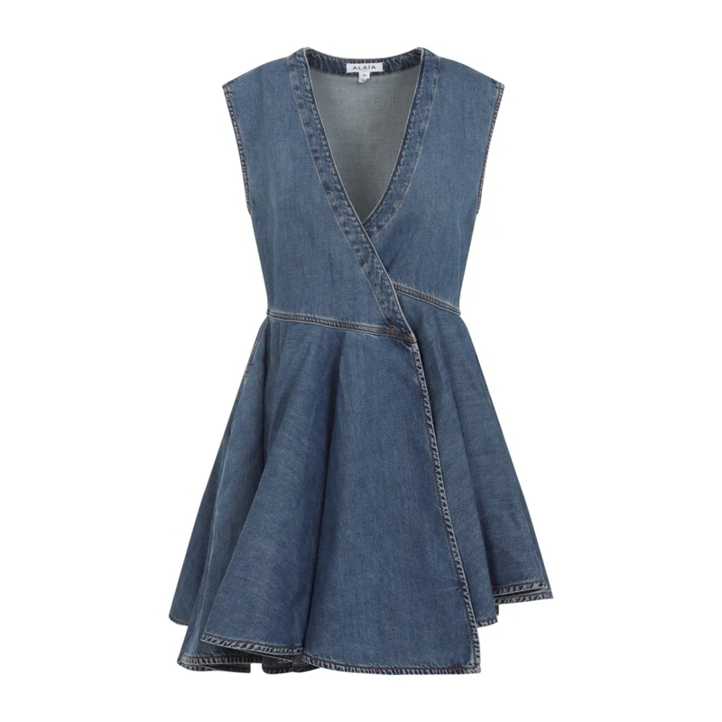 Alaia Minikleid Sleeveless Denim-Texture Mini Dress Blue