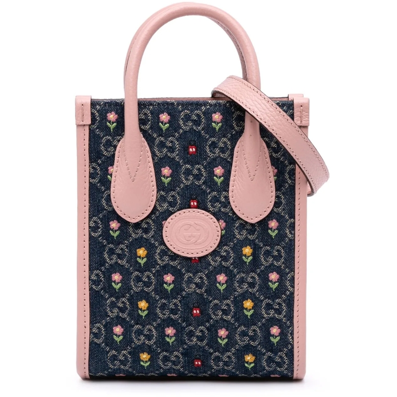 Gucci Schultertasche Mini GG Denim Interlocking G Flowers Tote blau