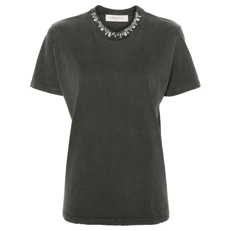 Golden Goose T-shirt Distressed Grey Cotton T-Shirt With Crystal Embell Grey
