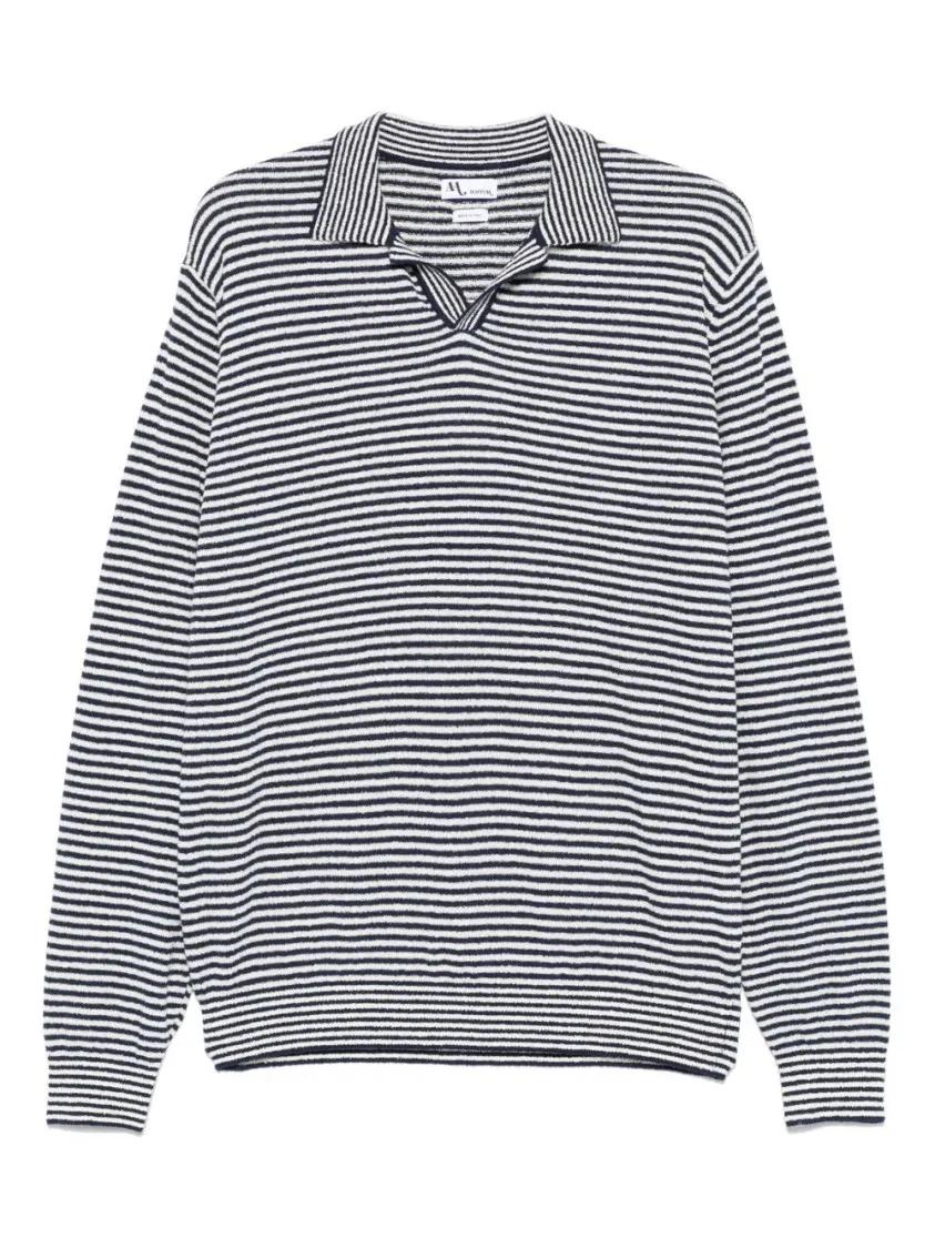Thumbnail - Doppiaa - Indigo Blue Striped Long Sleeve Polo With Ribbed C - Größe 50 - grau