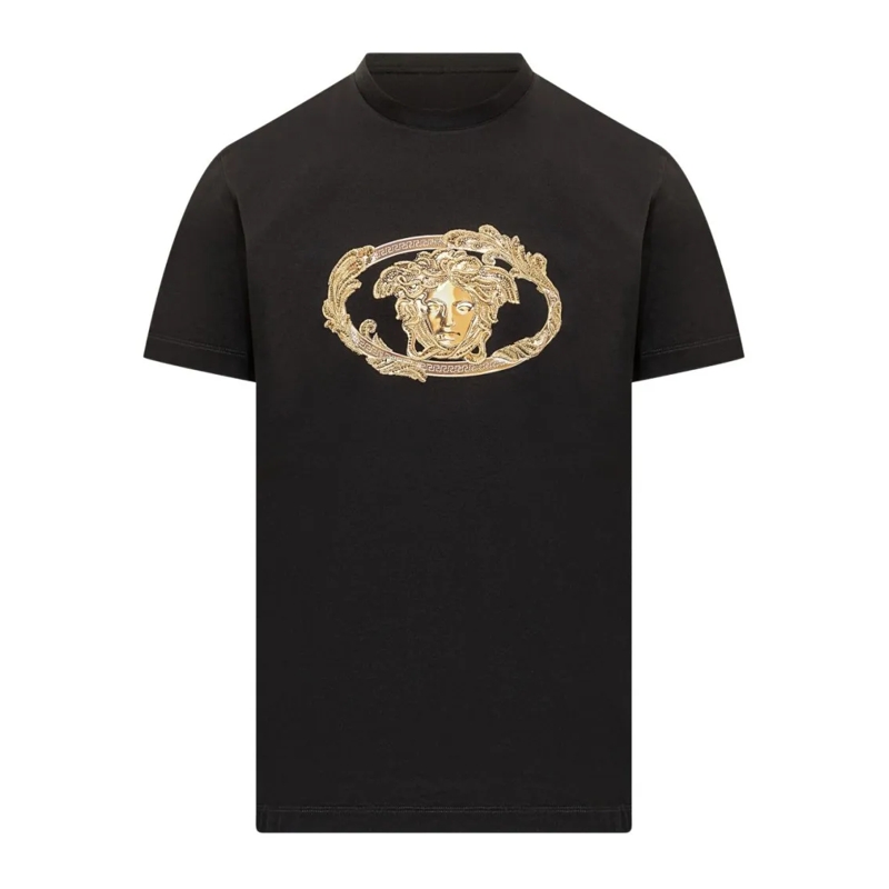 Versace T-Shirt Black Cotton T-Shirt With Gold Medusa Logo Black