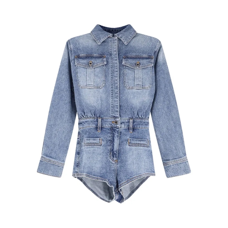 Self Portrait  Blue Denim Playsuit With Textured Finish Blue