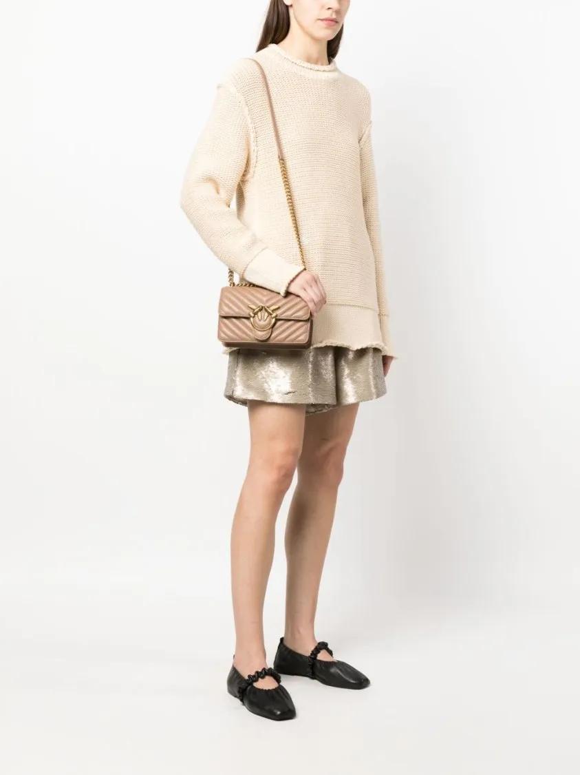 pinko Hobo bags Chevron Quilted Beige Calf Leather Shoulder Bag in bruin