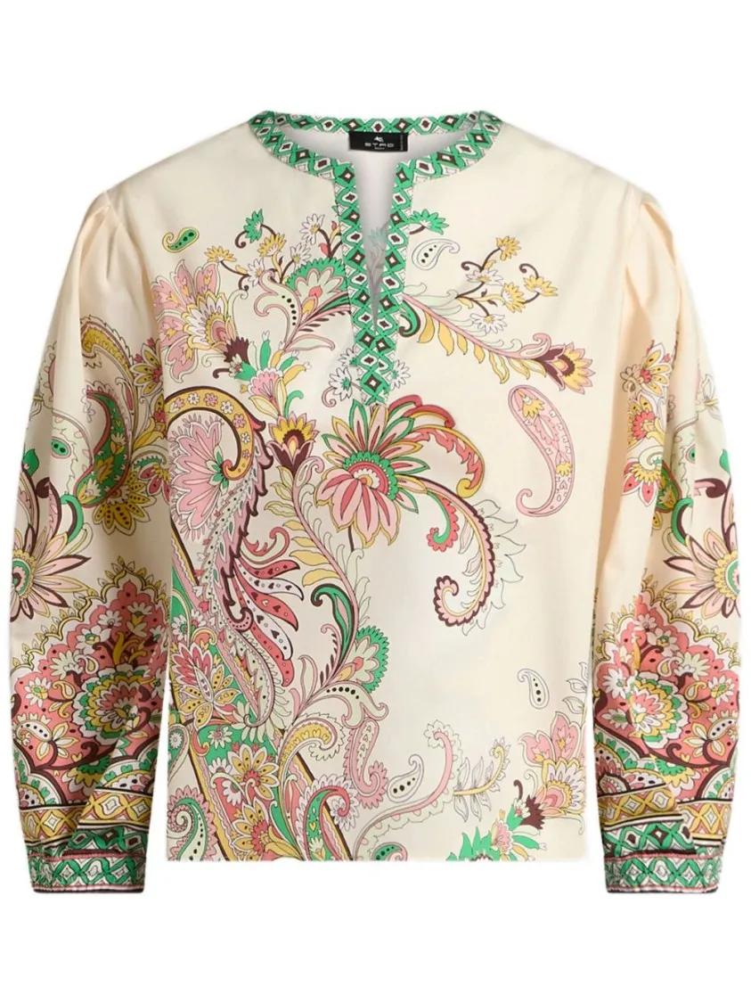 Thumbnail - Etro - Beige V-Neck Top With Paisley Print - Größe 42 - beige