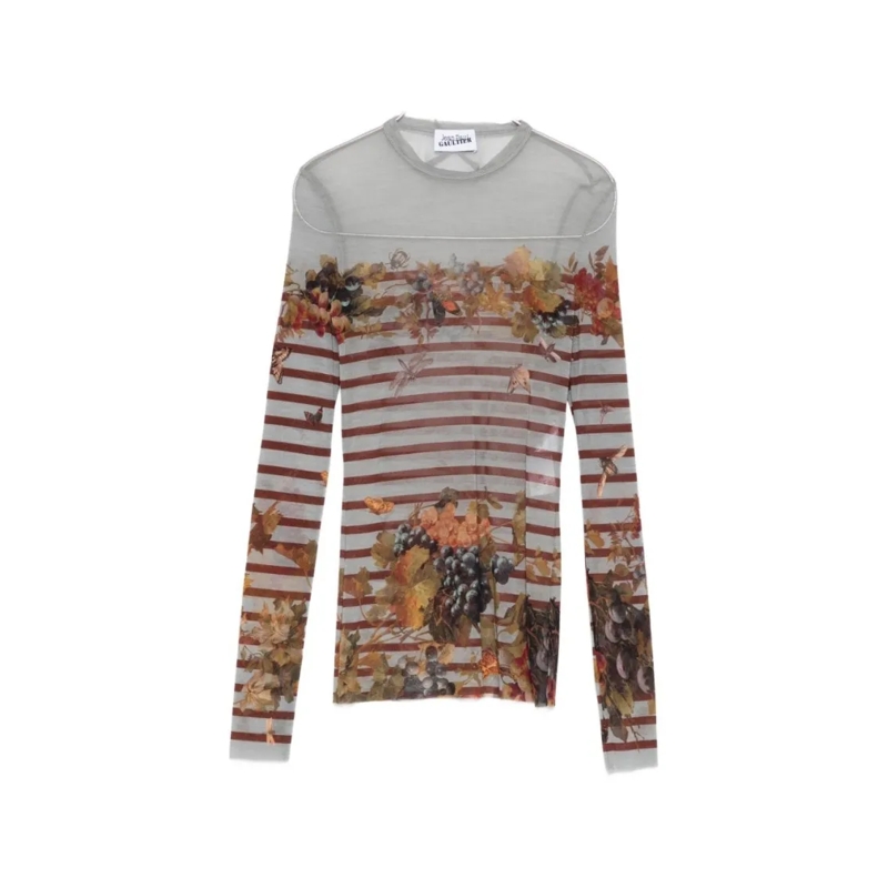 Jean Paul Gaultier Langärmeliges Oberteil Fitted Long-Sleeve Top With Botanical Print Grey