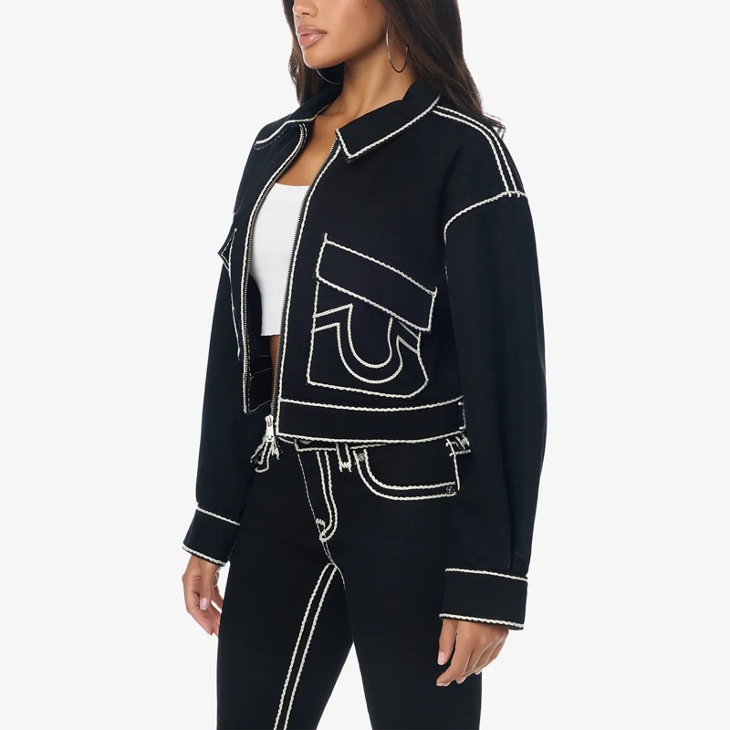 True Religion Jeansjacke - Gerader Schnitt- Verkürzte Form- Weiße Ziernäh schwarz(Image 2)
